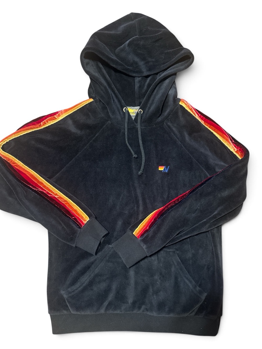 Aviator Nation Black Velour Hoodie with Red-Orange-Yellow Stripe